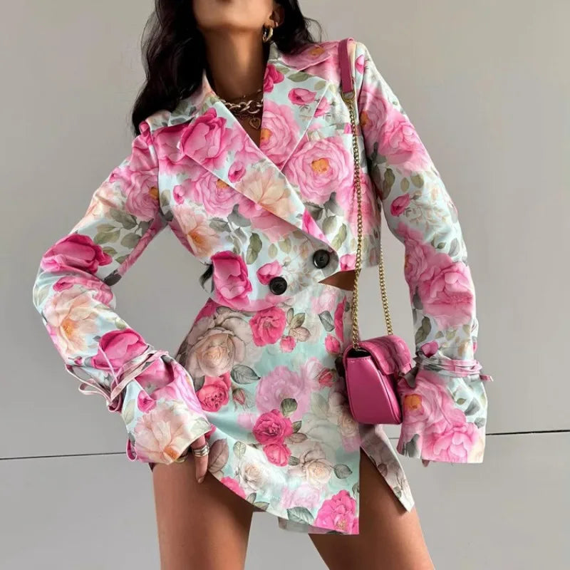 Floral Print Elegant Long Sleeve Lapel Button Crop Top Bodycon Mini Skirt Two Piece Set