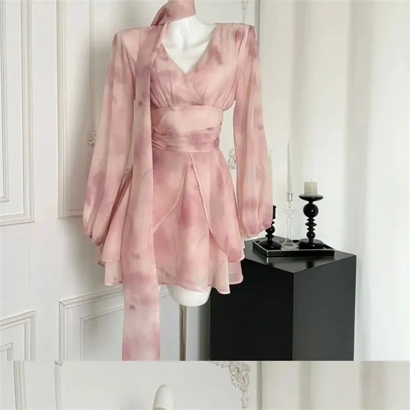 Delicate Chiffon Waist Cinching Blending Ribbon Floral Dress