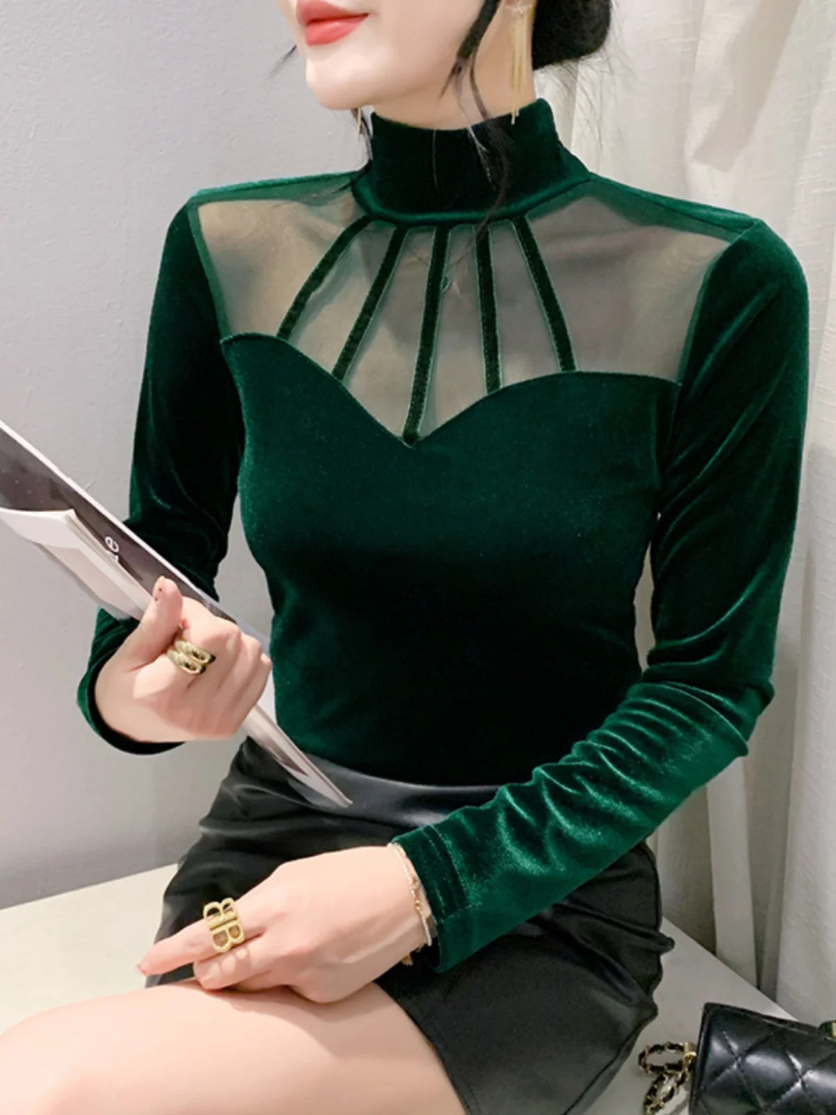 Velvet Mesh Slim T Designer Long Sleeve Turtleneck