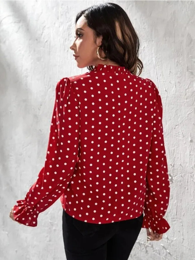Women's Elegant Professional V-neck Polka Dot Long Sleeved Casual Chiffon Blouse