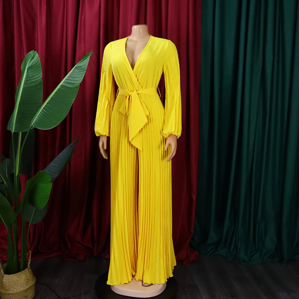Elegant Pleated Full Sleeve V Neck High Waisted Jumpsuit