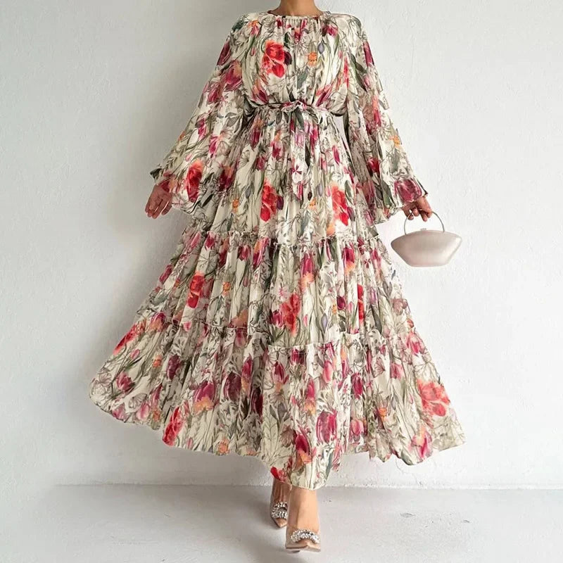 Women's Floral Printed Long-sleeved Chiffon Lace-up Dress