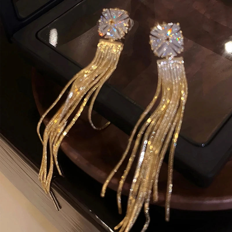 Women's Designer Crystal Rhinestone Long Tassel Drop Earrings