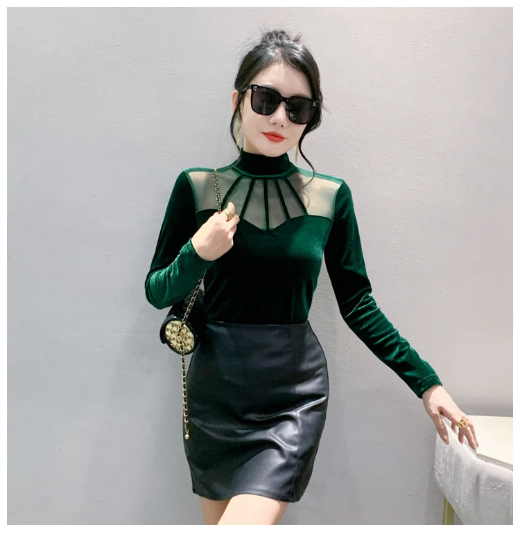 Velvet Mesh Slim T Designer Long Sleeve Turtleneck