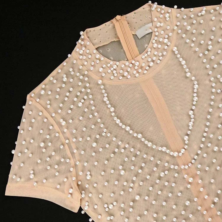 Elegant Women O Neck Short Sleeve Beaded High Waisted Luxury Jumpsuit