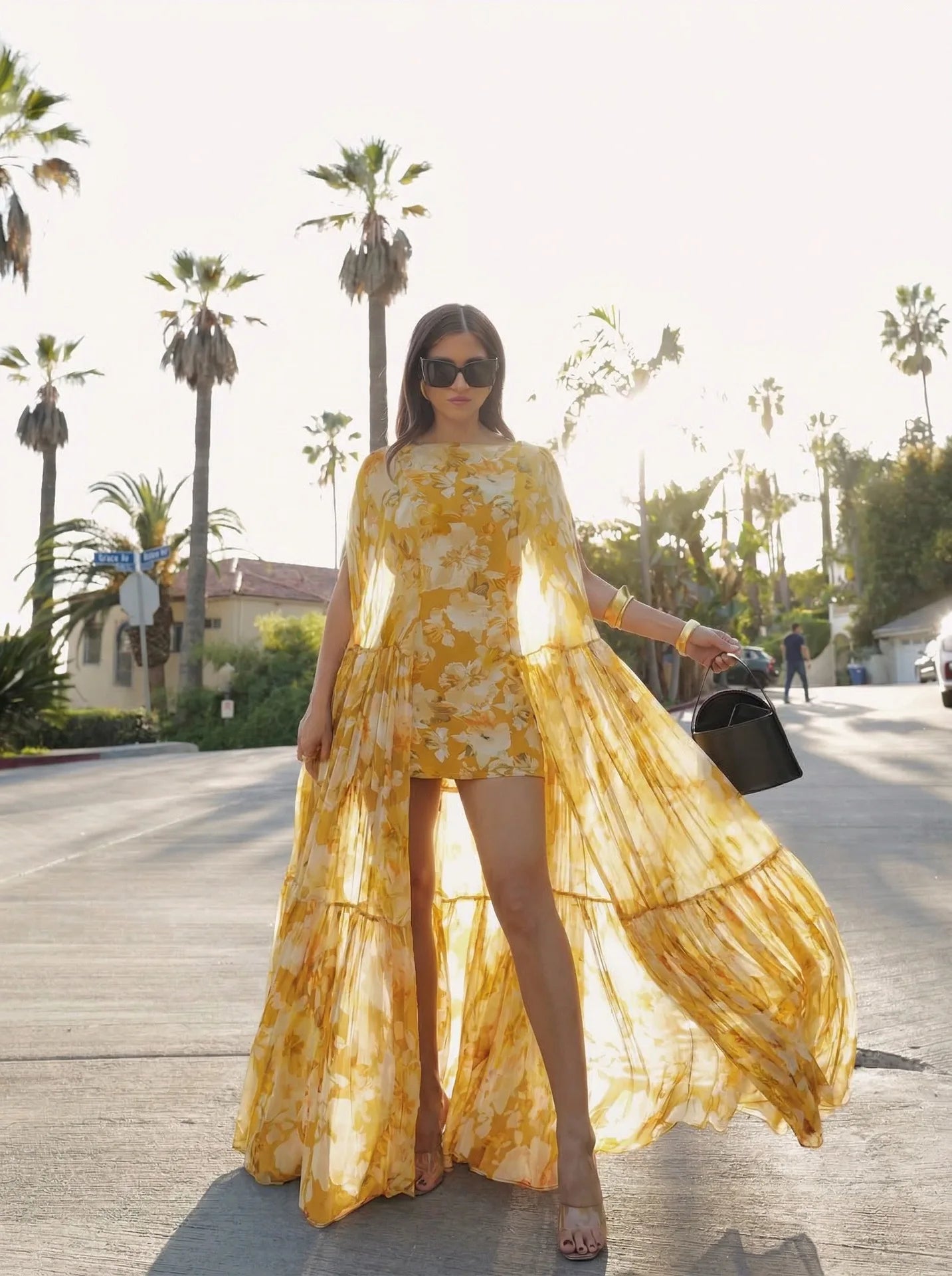 Flower Print Chiffon Big Hem Slim Mini Designer Dress
