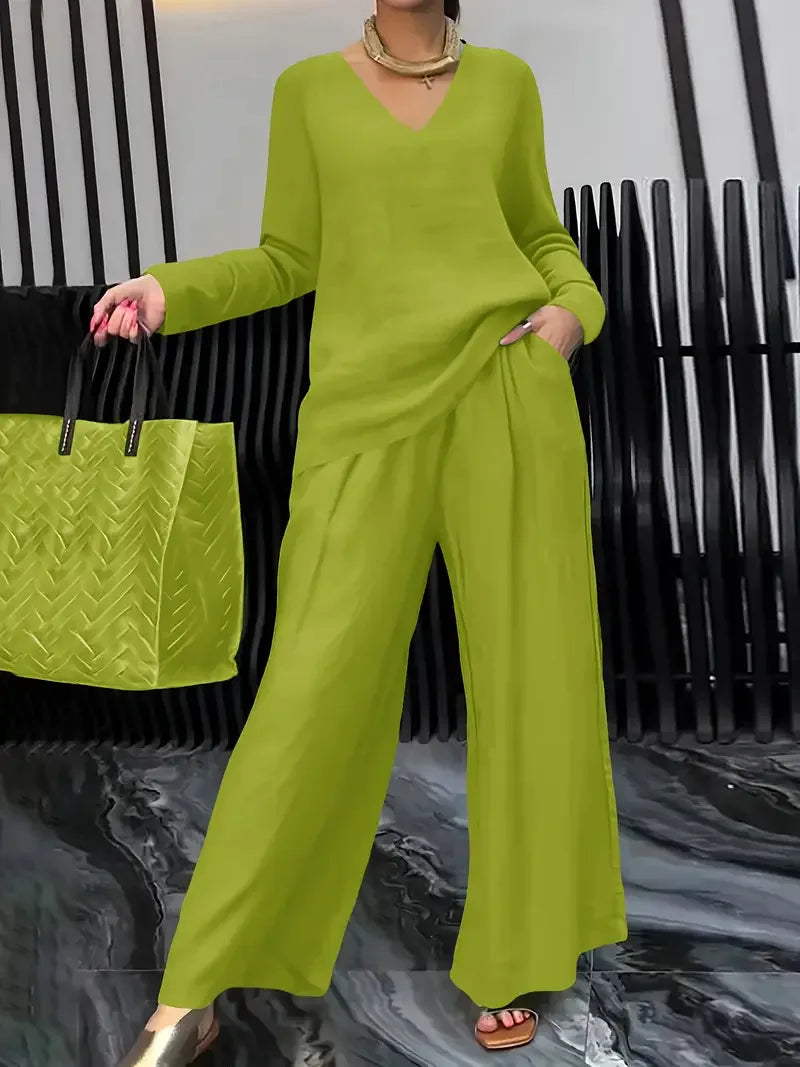 Summer Fashionable V-neck Top+ Long Pants 2 Piece Set