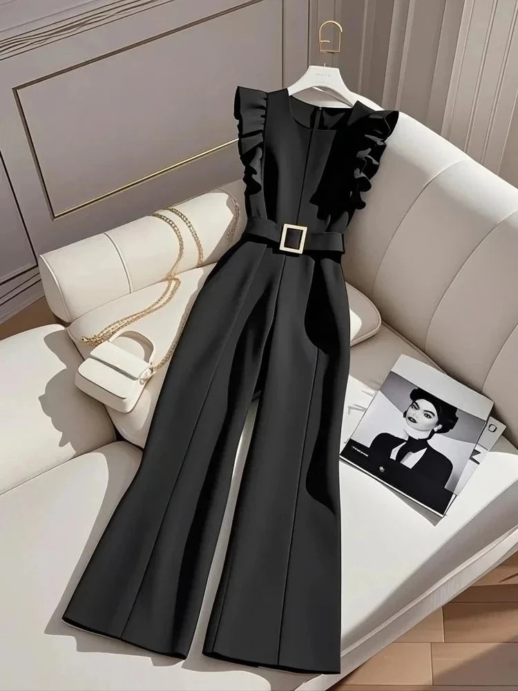 Summer Oversized Luxury Ruffle Sleeveless Elegant Bodysuit Solid with Belt