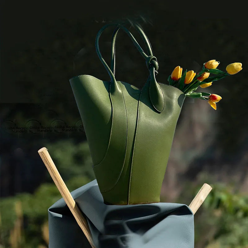 Green Designer Leather Tote Handbag