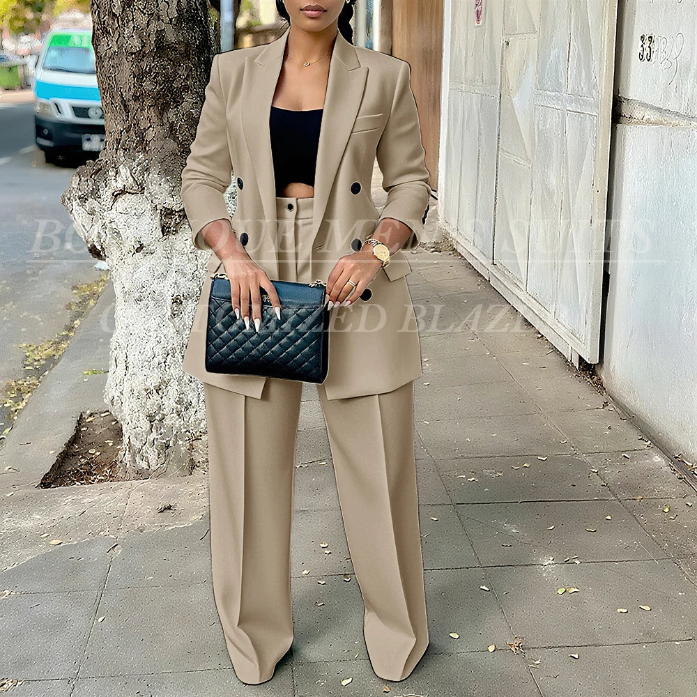 Elegant Women's Double Breasted Peak Lapel Blazer and Pleated Trouser Pants 2pc Suit