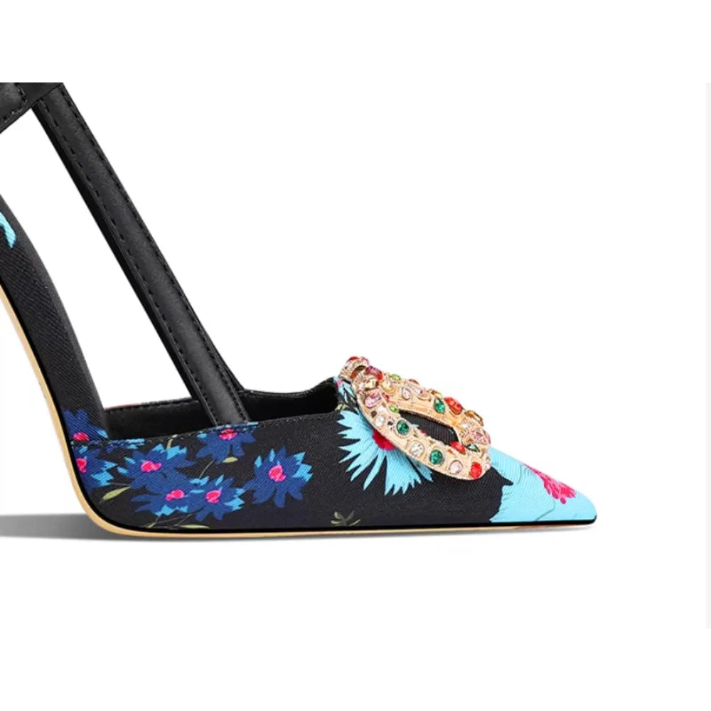 Elegant Floral Pointed Toe Jewel Buckle Stiletto Heels