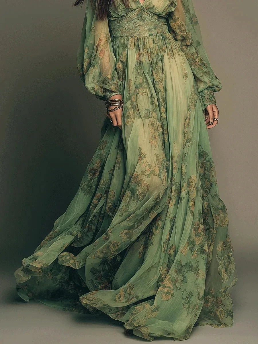 Elegant Green Floral Print Chiffon Maxi Deep V Neck High Waist Dress