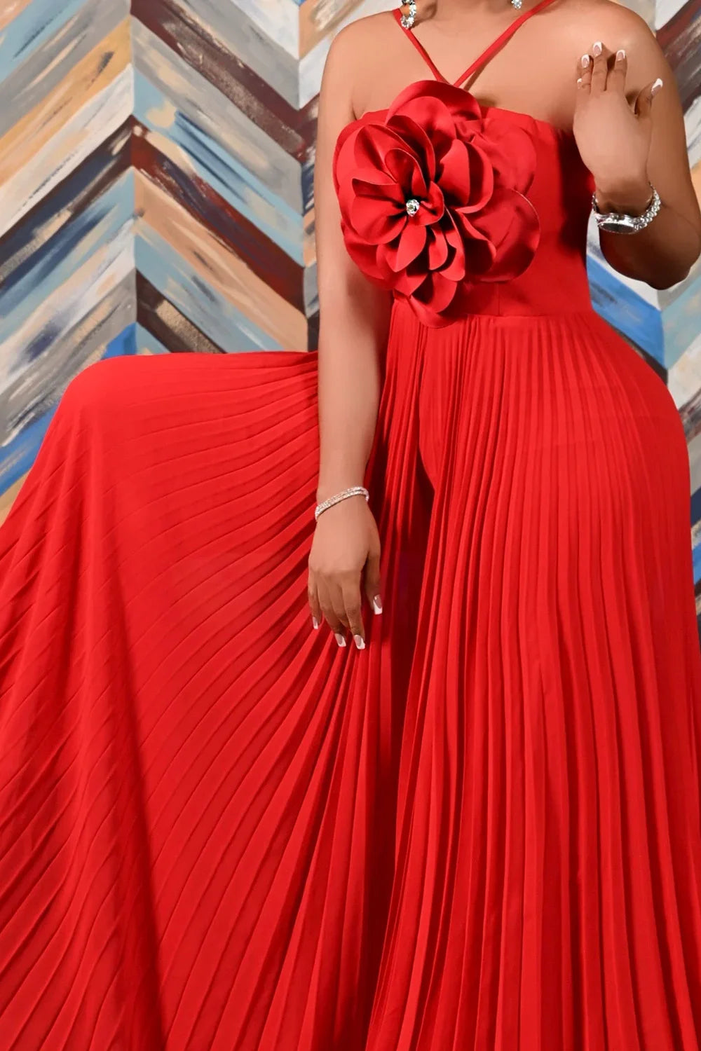 Chiffon Flower Sleeveless Pleated Wide Leg Jumpsuit