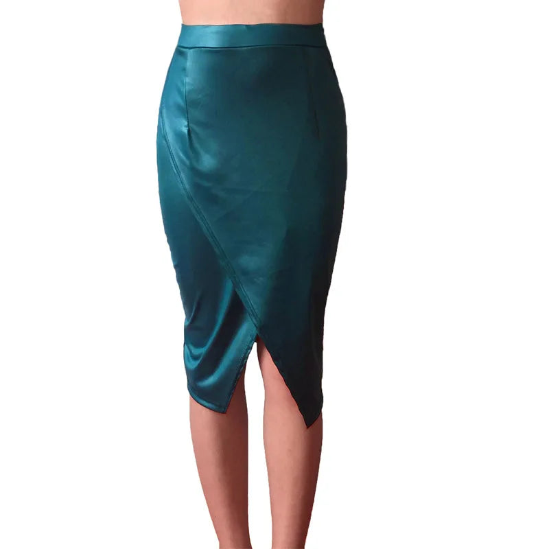 Women's Faux Leather Midi Split High-Waist Skirt