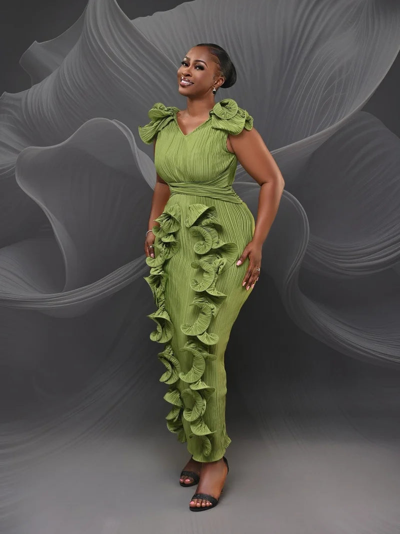 Ruffles Spliced Sleeveless V-Neck Bodycon Maxi Long Evening Dress