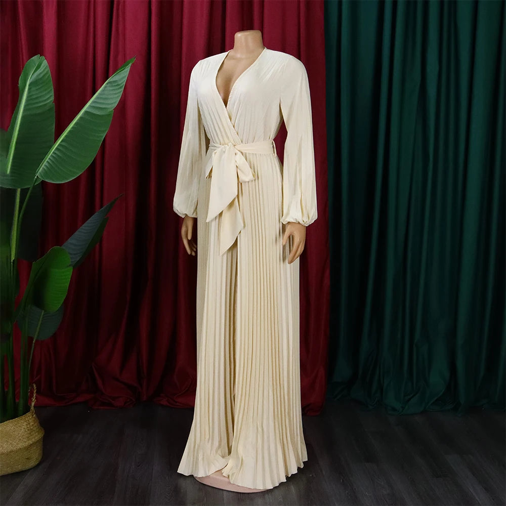 Elegant Pleated Full Sleeve V Neck High Waisted Jumpsuit