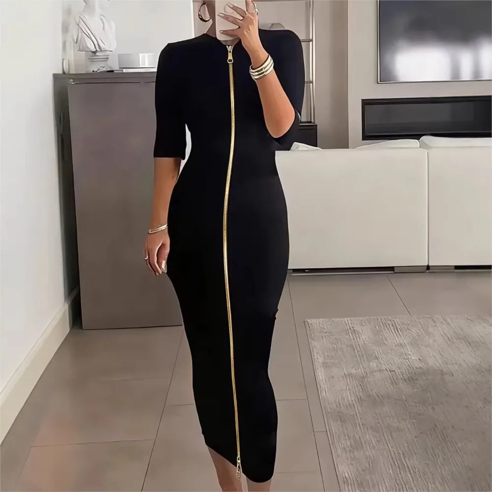 Women's Sexy Waist Solid Color Fashionable Zipper Mid-sleeve Slim Fit Dress
