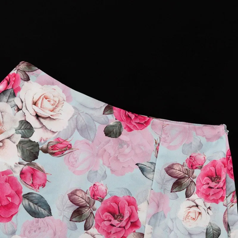 Floral Print Elegant Long Sleeve Lapel Button Crop Top Bodycon Mini Skirt Two Piece Set