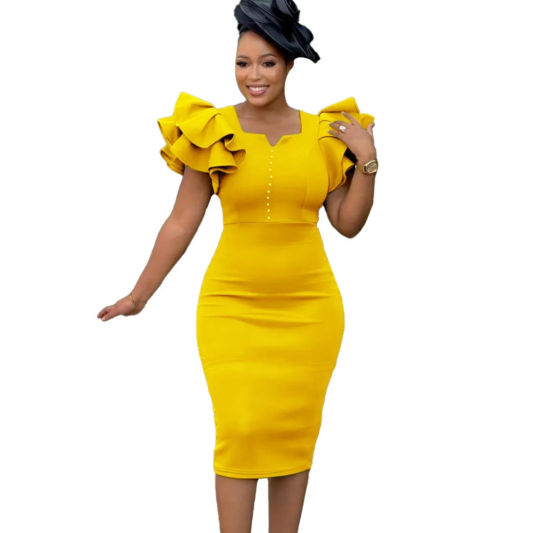 Designer Nail-Beaded Lotus Sleeve A-Line Dress