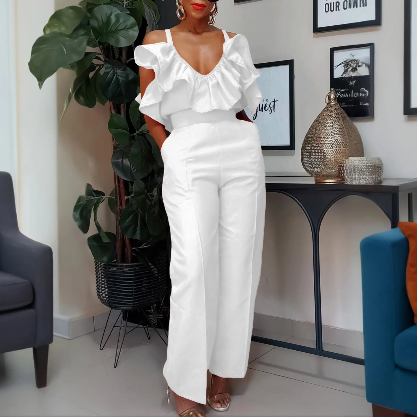 Designer Deep V Neck Ruffles High Waist Pants Jumpsuit