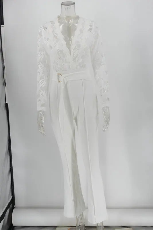 Women White Lace Stitching Long Sleeve V-neck Wide Leg Pants With Belt Romper