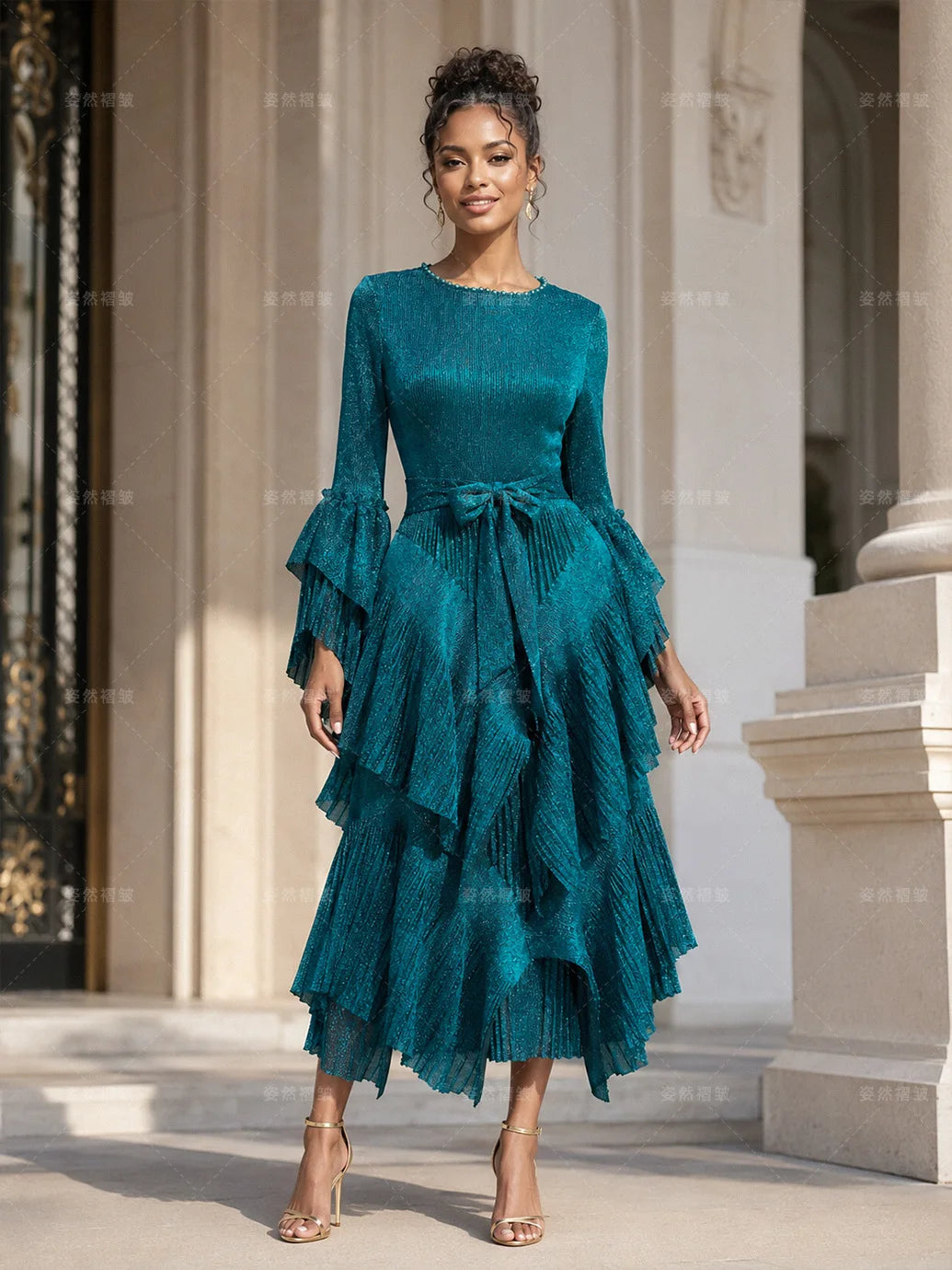 Women Layered Pleated Lace-up Waist-cinching Dress