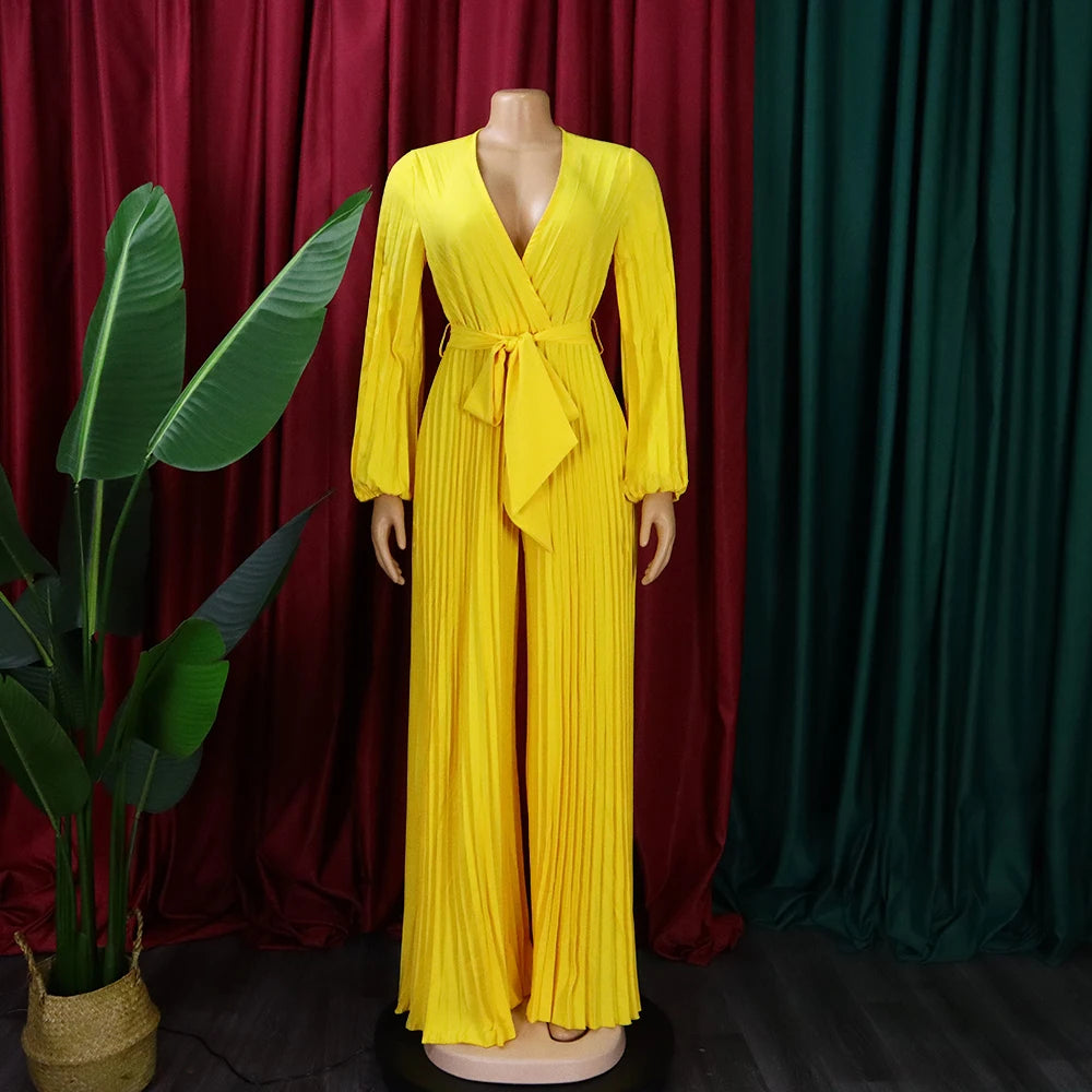 Elegant Pleated Full Sleeve V Neck High Waisted Jumpsuit