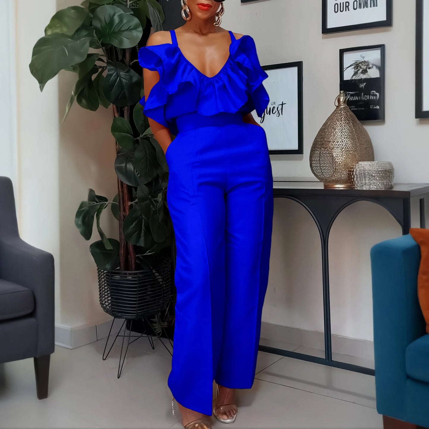 Designer Deep V Neck Ruffles High Waist Pants Jumpsuit