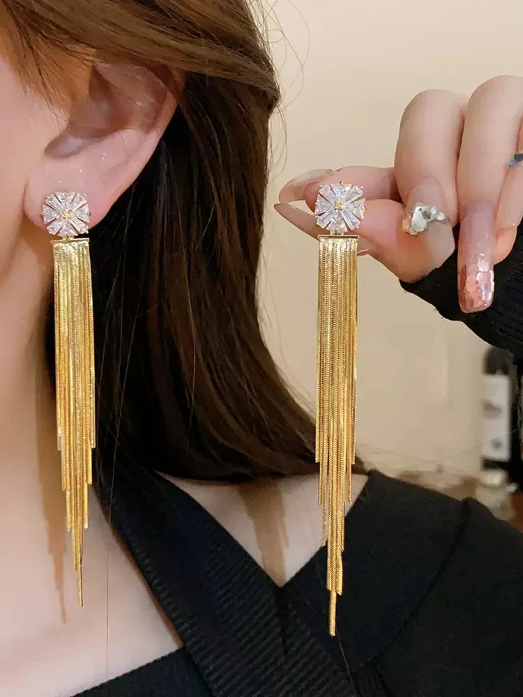 Women's Designer Crystal Rhinestone Long Tassel Drop Earrings