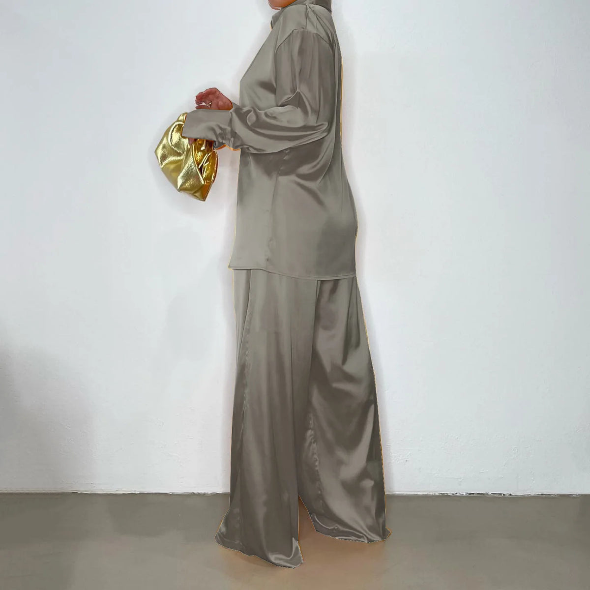 Elegant Satin Women's Long Sleeve Tracksuit And Wide Leg Pants
