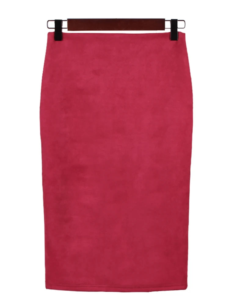 Sexy Multi Color Suede Elastic High Waist BodyCon Midi Pencil Skirt