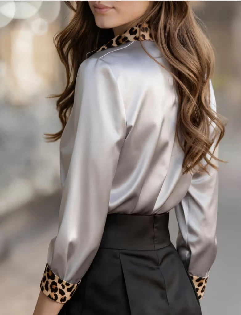 Elegant Long Sleeve Button Down Leopard Print Collar Loose Fit Blouse 