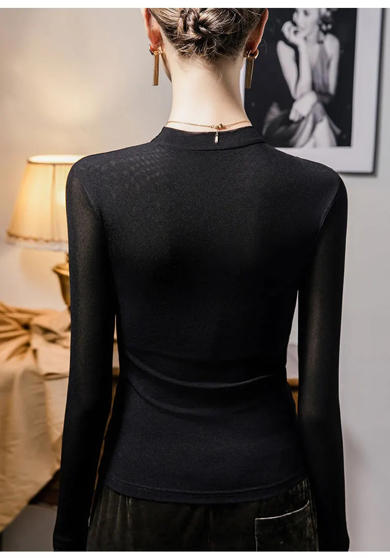 Women Long Sleeve One Shoulder Mesh Turtleneck Designer Blouse