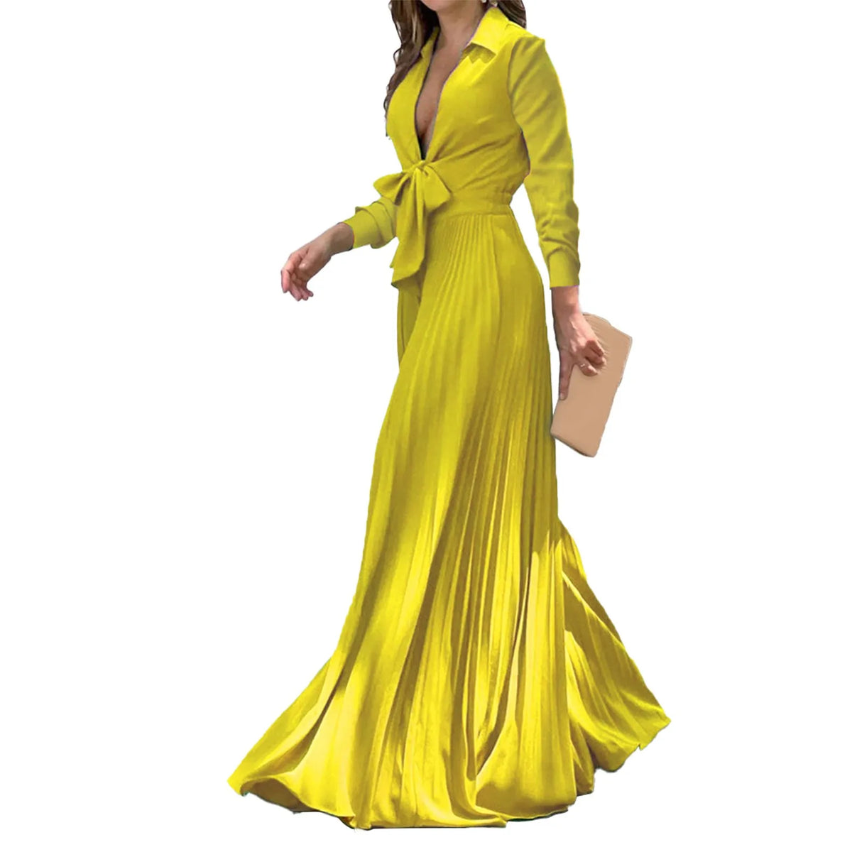 Women Elegant High Waist Long Sleeve Deep V Neck Bow Tie Collar Maxi Dress