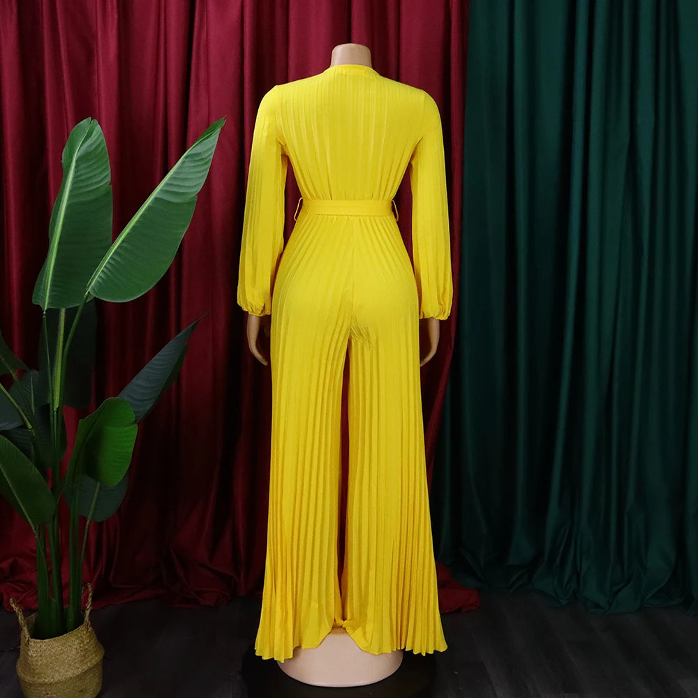 Elegant Pleated Full Sleeve V Neck High Waisted Jumpsuit