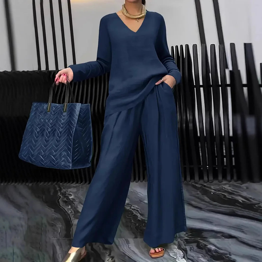 Summer Fashionable V-neck Top+ Long Pants 2 Piece Set