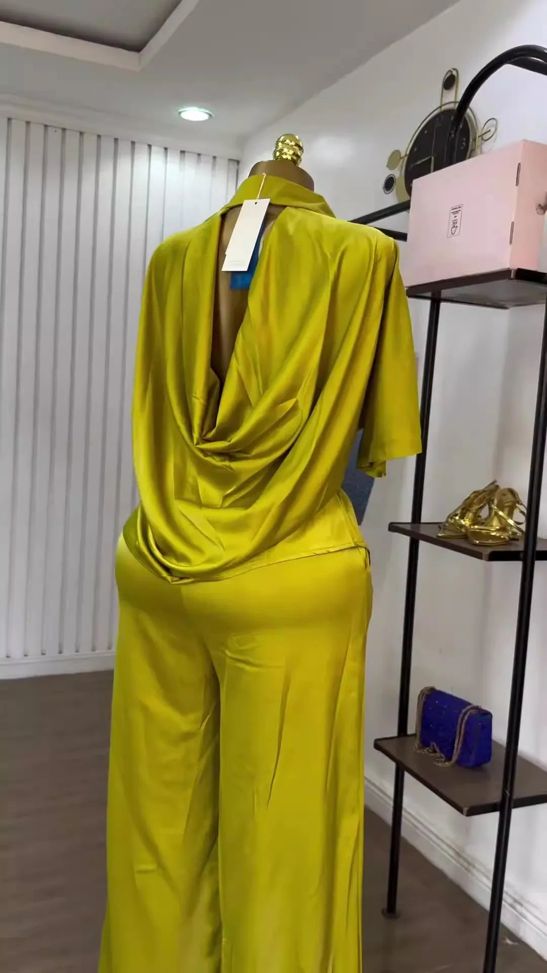 Women Two Piece Turn Down Collar Short Sleeve Shirt & Wide High Waist Leg Long Pants