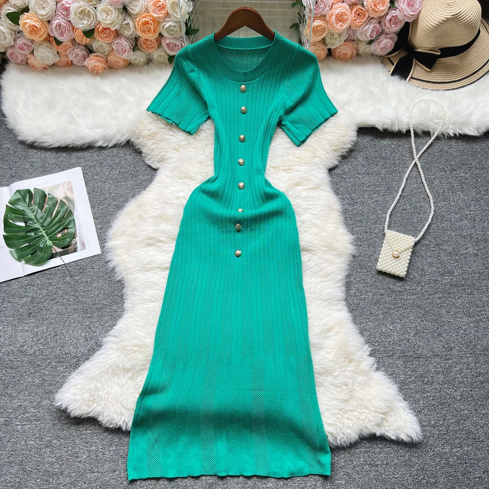 Knitted Designer Scoop Neck Short Sleeve Sweater Dress
