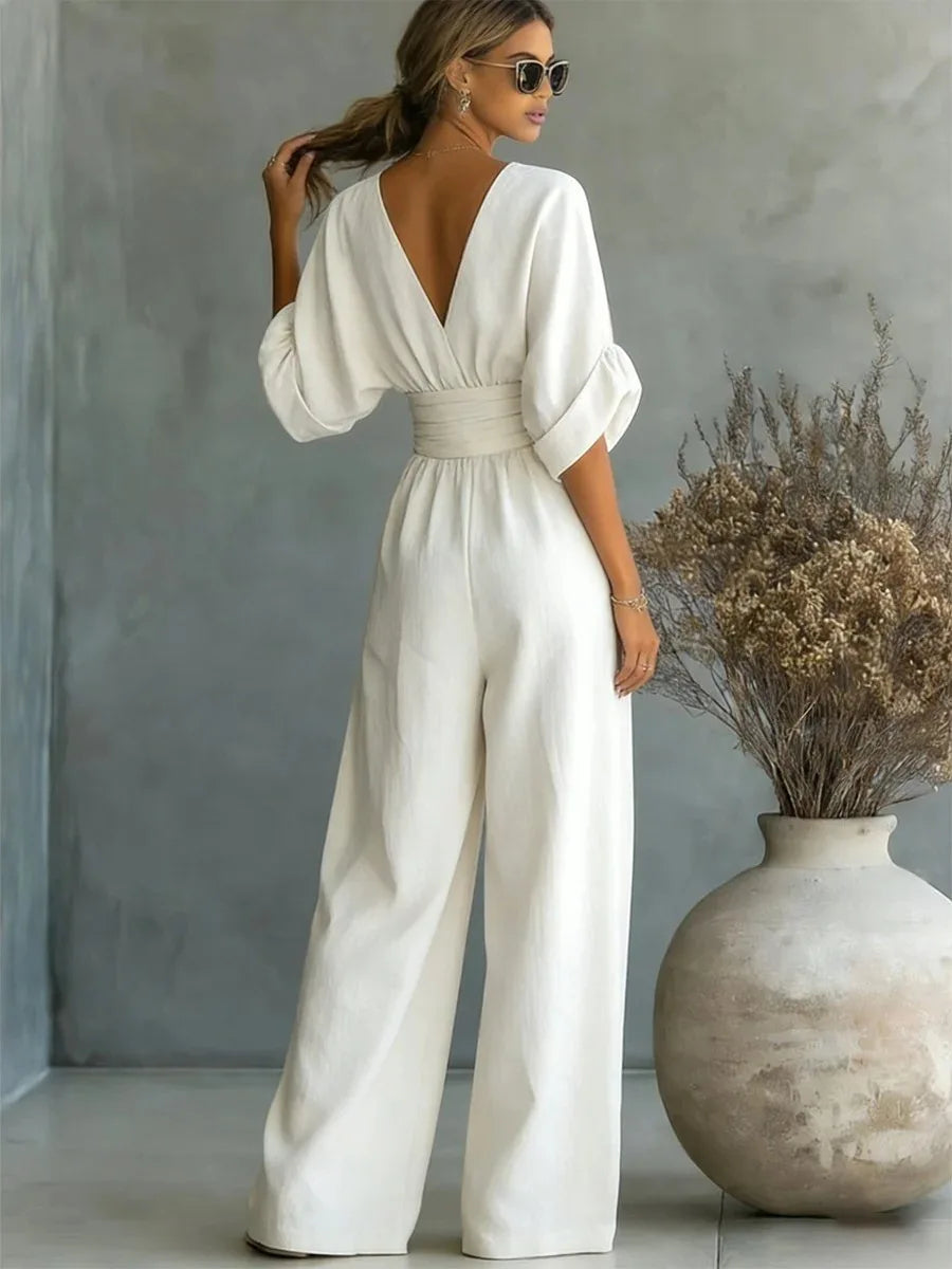 Women's High Waist V-neck Solid Color Wide Leg Jumpsuit
