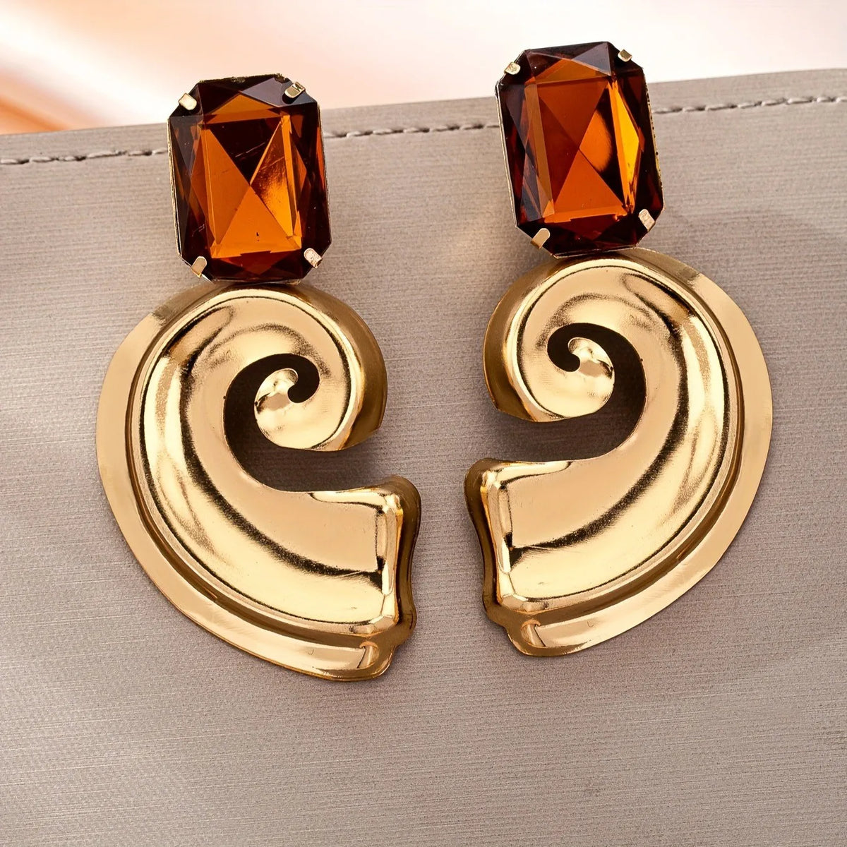 Women's Elegant Brown Rhinestone Swirl Design Earrings