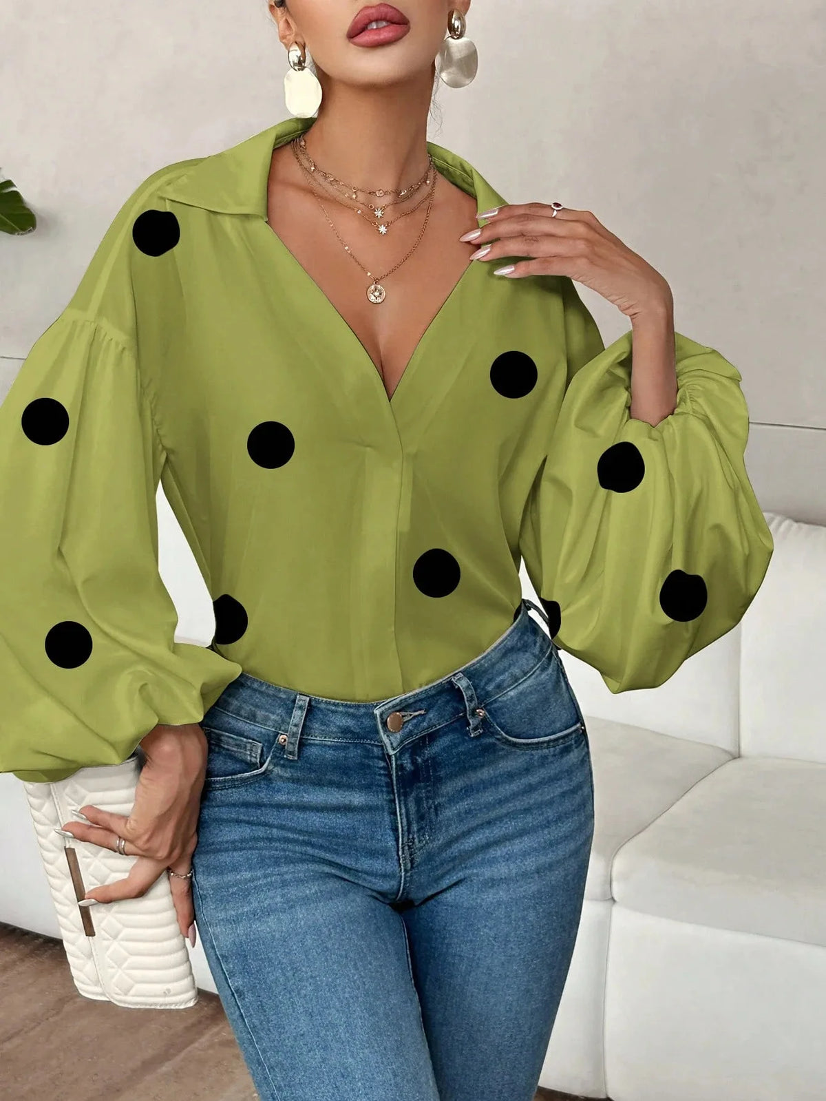 French Polka Dot Print Long Sleeve Casual V-Neck Oversized Blouse