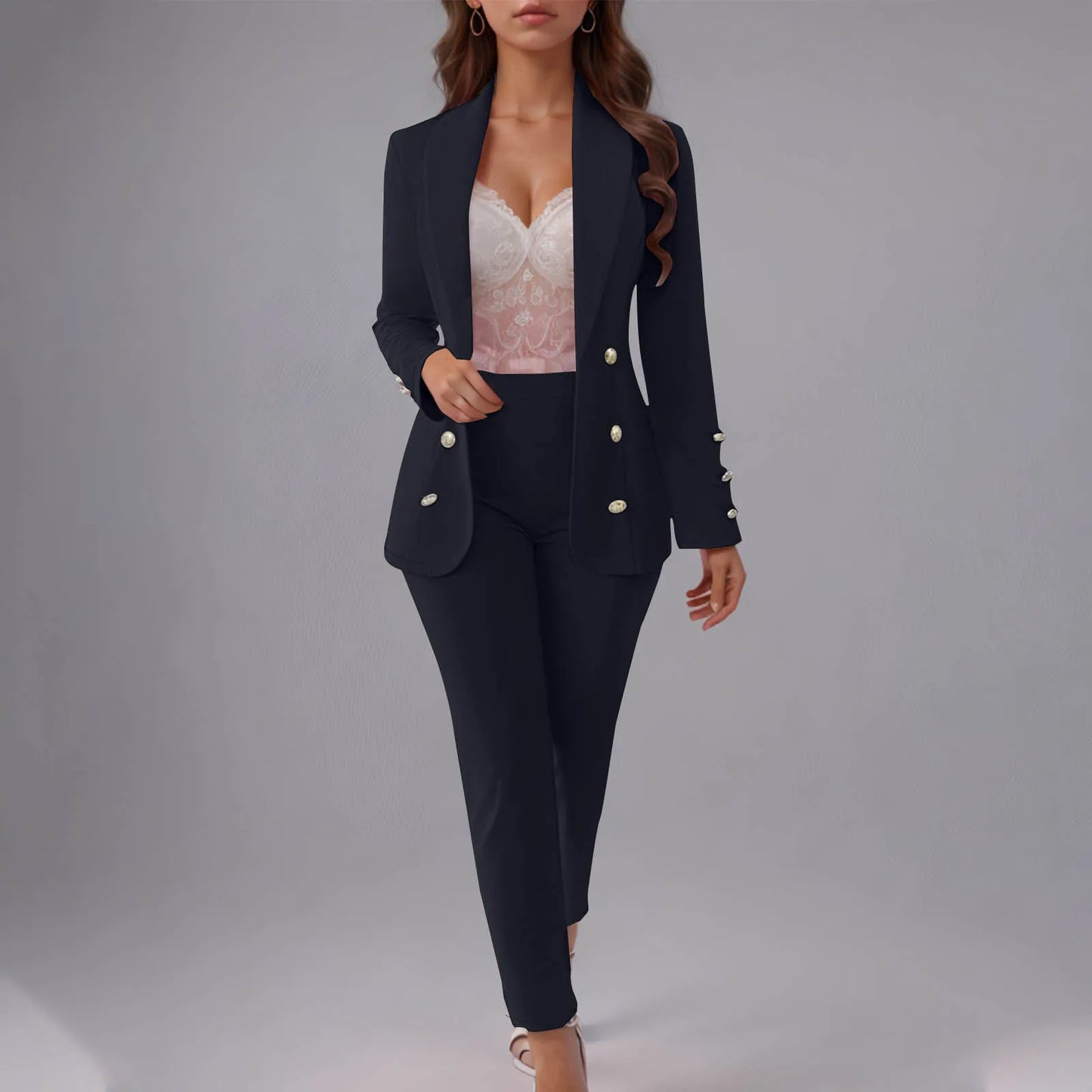 Double Breasted Slim Fit Lapel Suit Jacket & Trousers 2 Piece Set