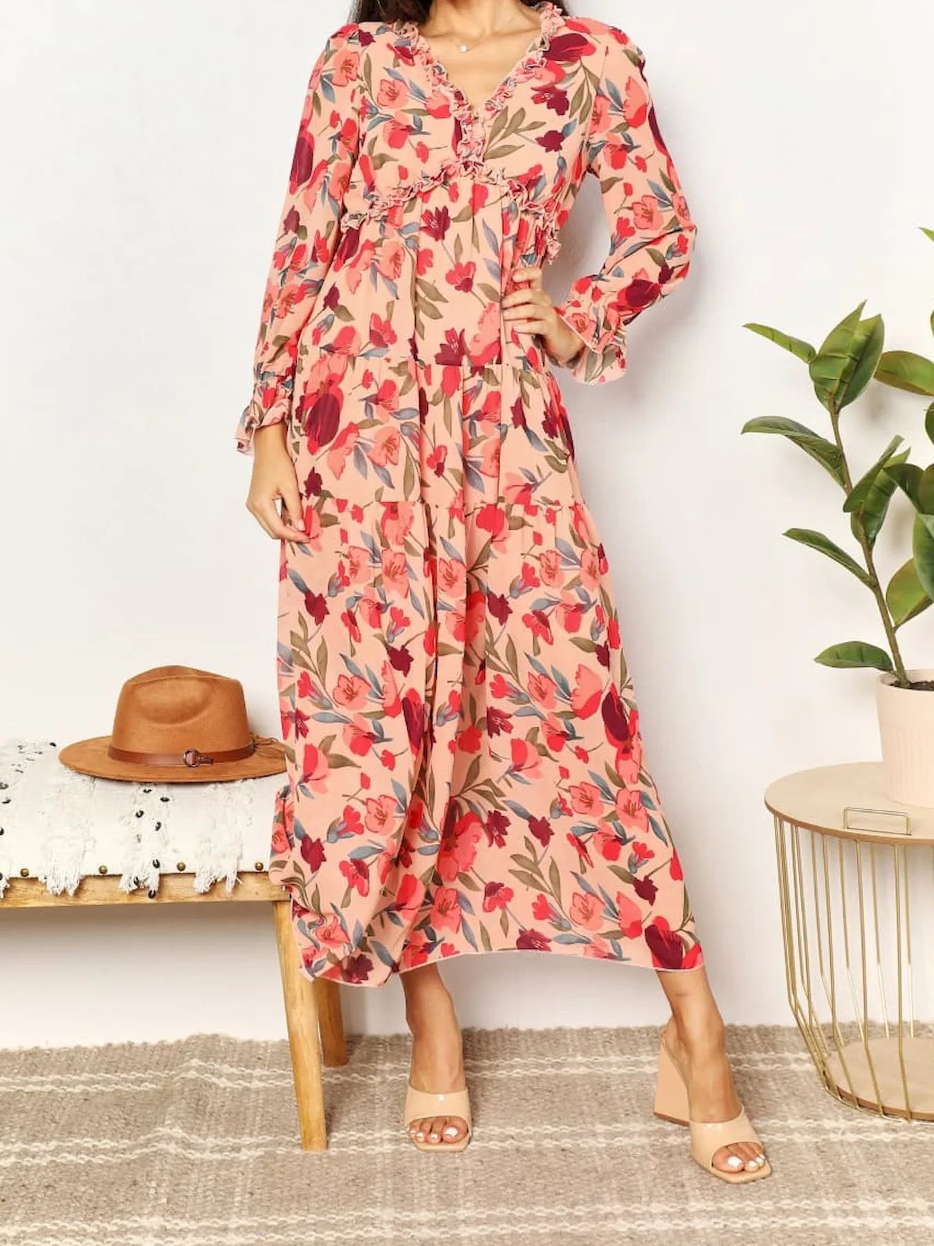 Elegant Floral Print Ruffle Layered Long Sleeved Chiffon A Line Long Maxi Dress