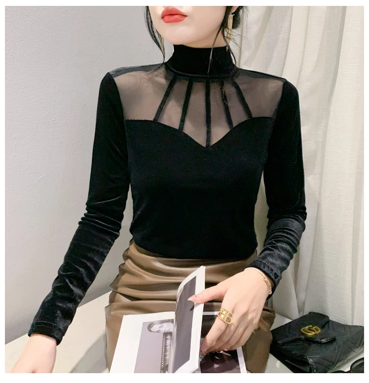 Velvet Mesh Slim T Designer Long Sleeve Turtleneck