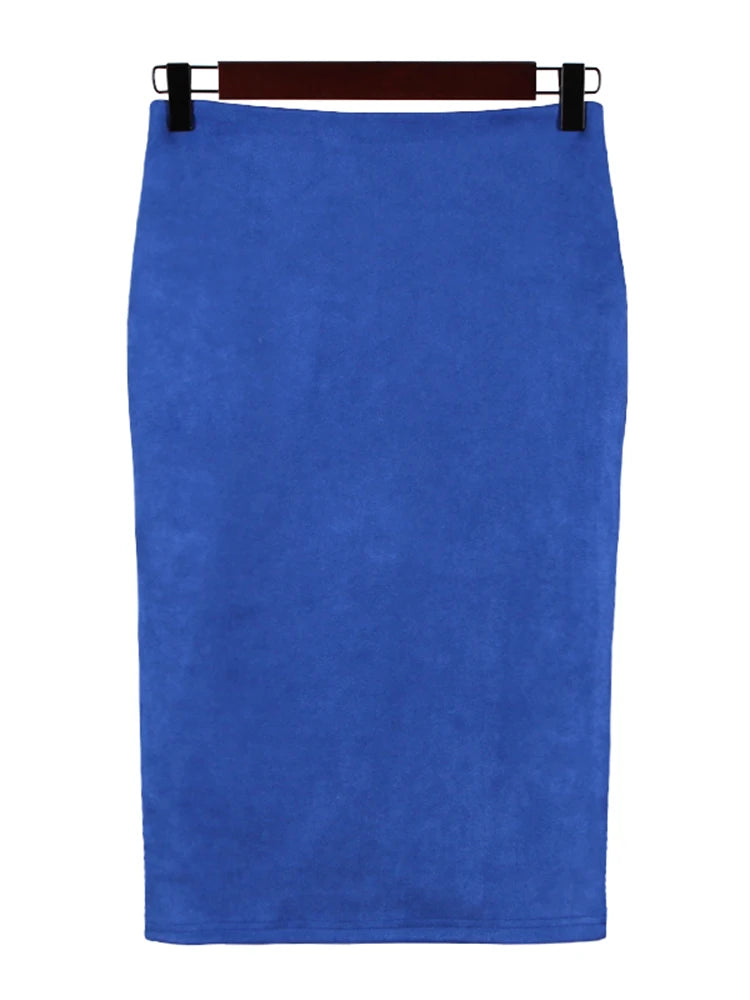 Sexy Multi Color Suede Elastic High Waist BodyCon Midi Pencil Skirt