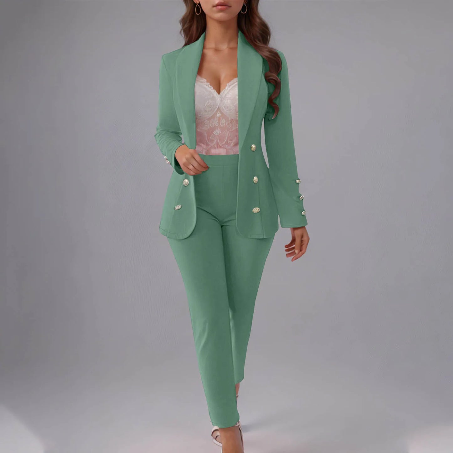 Double Breasted Slim Fit Lapel Suit Jacket & Trousers 2 Piece Set