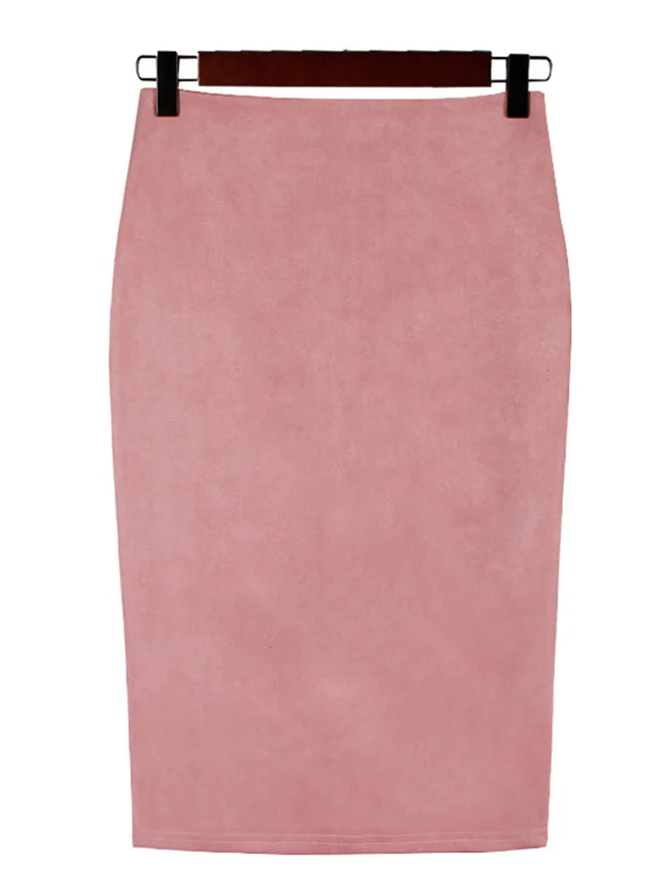 Sexy Multi Color Suede Elastic High Waist BodyCon Midi Pencil Skirt