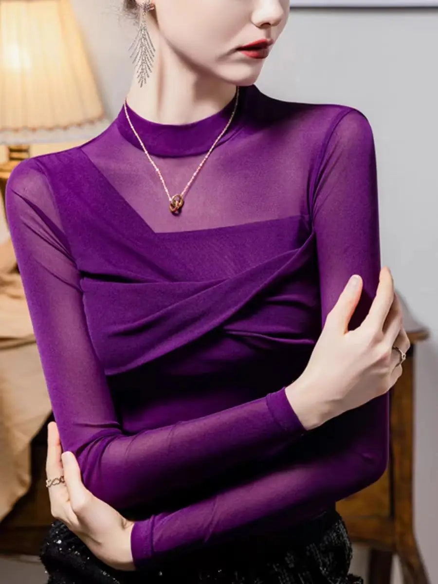 Women Long Sleeve One Shoulder Mesh Turtleneck Designer Blouse