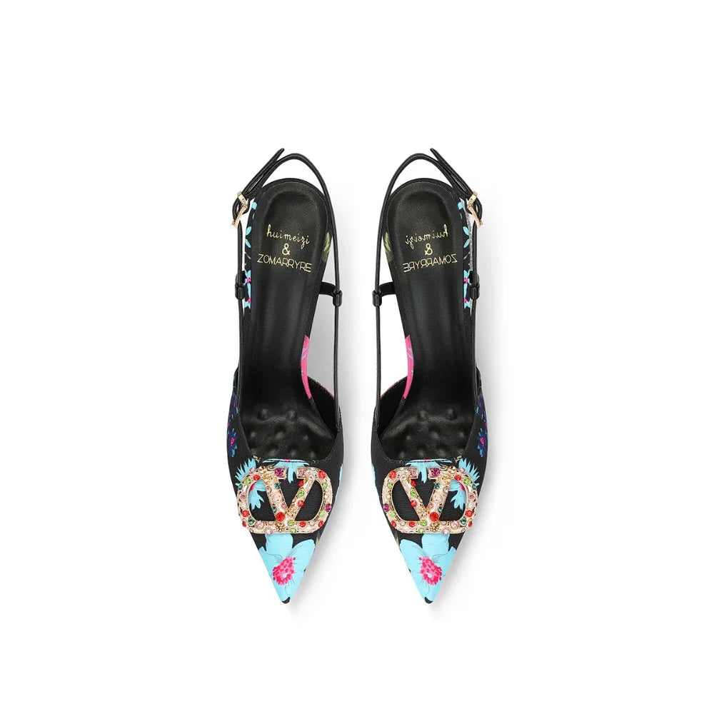 Elegant Floral Pointed Toe Jewel Buckle Stiletto Heels