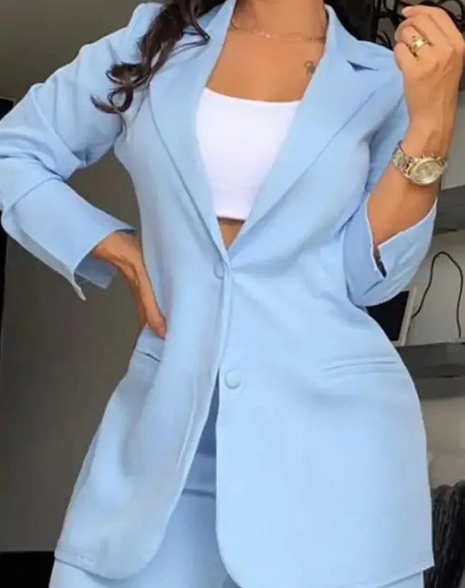 Designer Solid Color Button Blazer & Straight Leg Pant 2pc Set